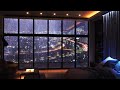 heavy rain sound in a luxurious bedroom with a great city view