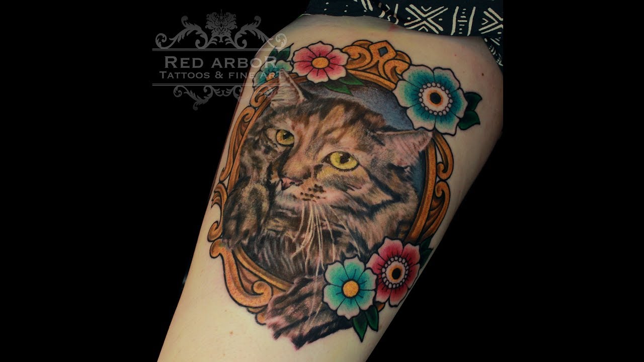 Realistic Cat Portrait Tattoo In Ornate