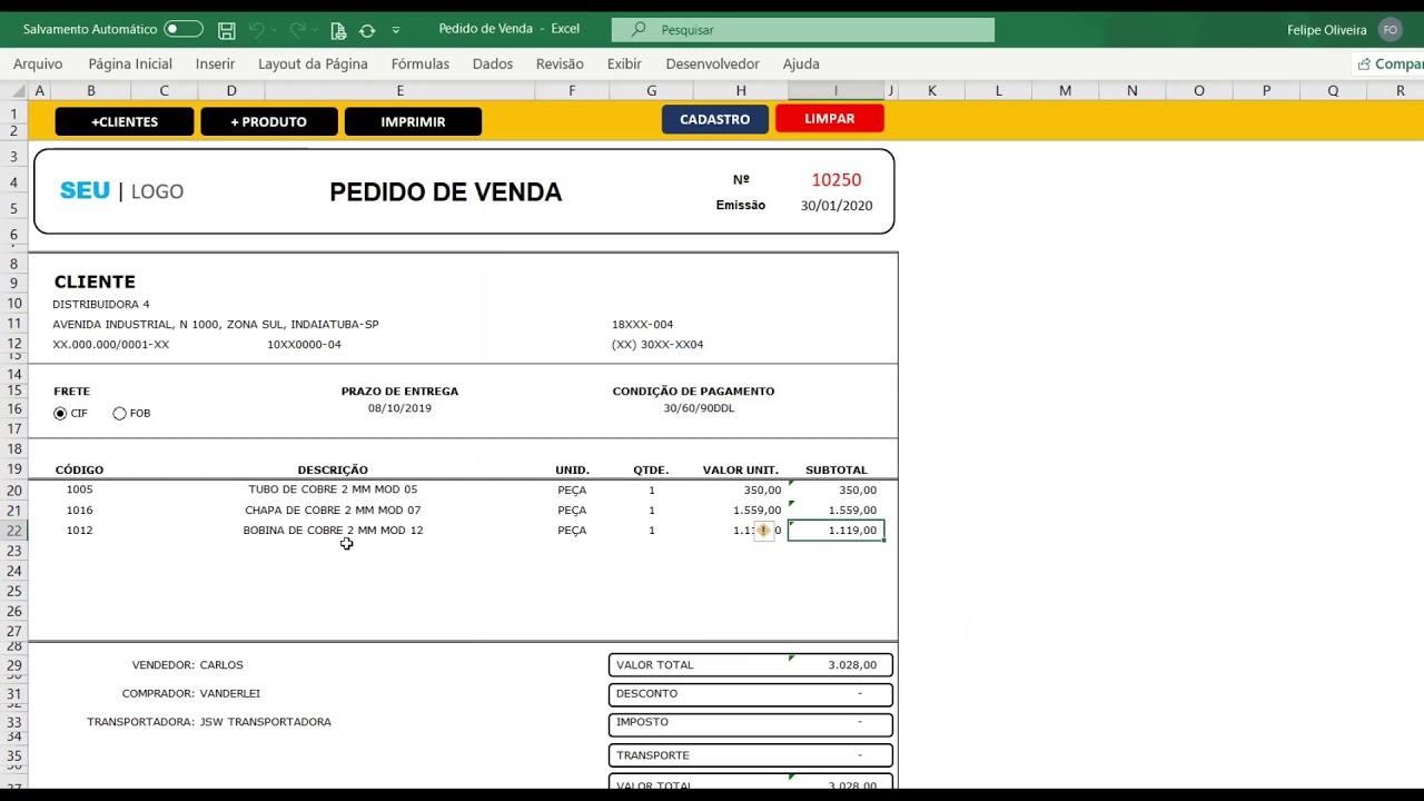 Ficha de Pedido Grátis - Smart Planilhas