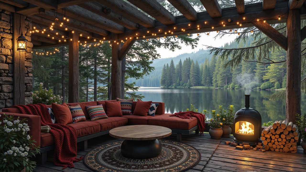 Peaceful Lakeside Cabin Ambience 🔥 Cozy Outdoor Fireplace Jazz for Calm Focus & Stress Relief