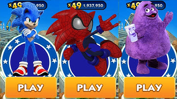 Sonic Dash vs Grimace Shake Run vs Spiderhog Sonic Run - Movie Sonic and Spider Sonic Try Grimace