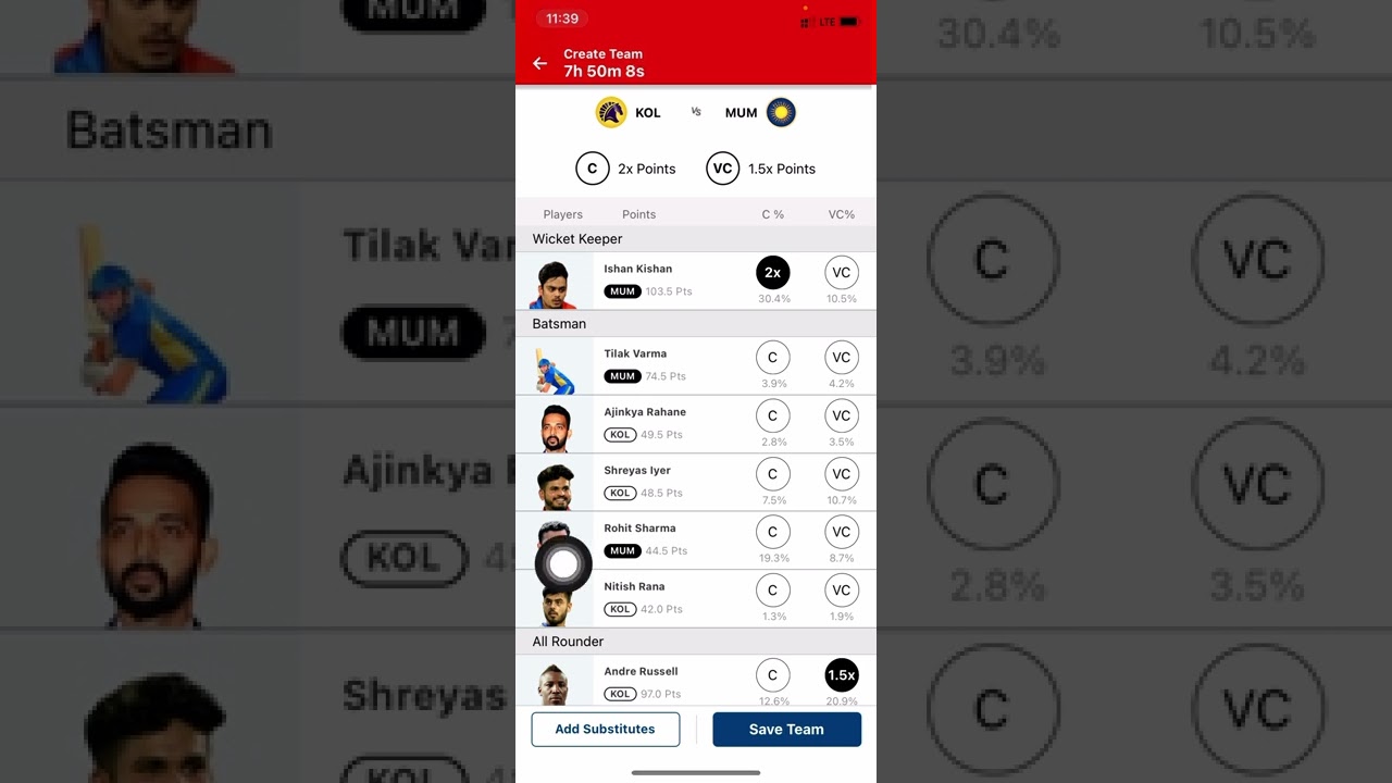 kol vs mum my 11 circle Perfect team squad￼