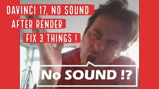 DaVinci 17,  NO SOUND after render fix - 3 things!