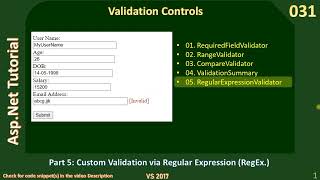 Validation Controls | Part 5 - RegularExpressionValidator | Asp Net Tutorial #031