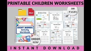 Printable Children Sight Words Activity Workbook, Writing Activity Worksheet, Handwriting & Spelling