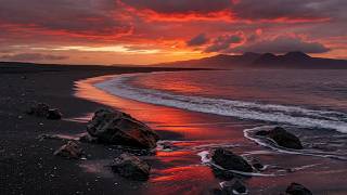 Red Sunset Afterglow on a Remote Beach | Calm Ocean Waves ASMR for Deep Sleep