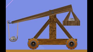 Algodoo Trebuchet, throwing rocks, hitting blocks.