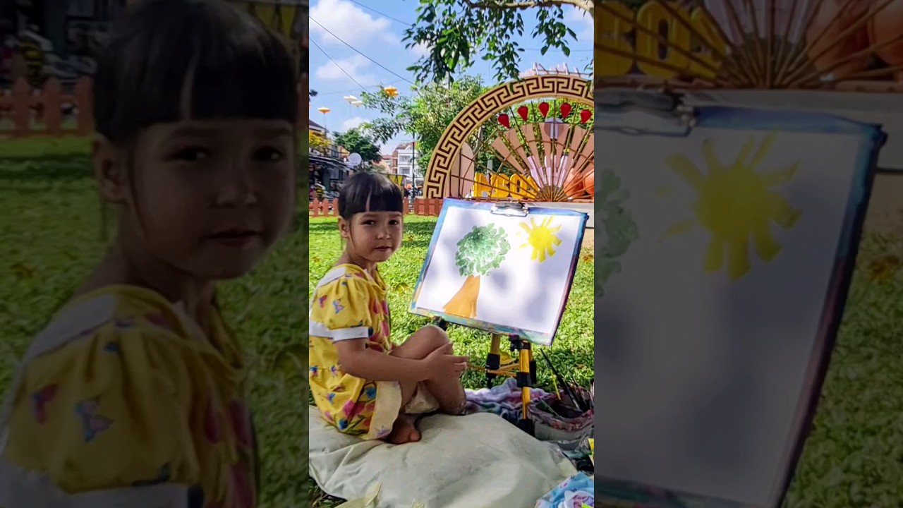 4-year-old kid artist painting a beautiful tree and a sun | Acrylic painting | Mia Mai Mai