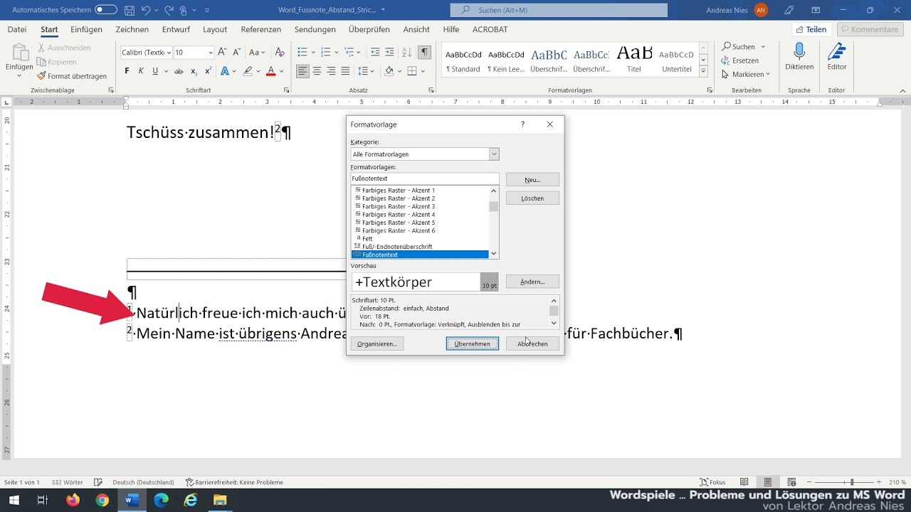 Update Fußnoten in MS Word :: Abstand Text zur Linie anpassen :: Absatzmarke in Fußnote :: Entwurfsansicht