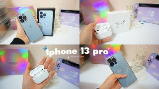 Iphone 13 pro 256gb (sierra blue) | airpods pro unboxing ☁️💙 (aesthetic sound)