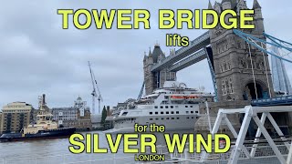 Tower Bridge lifts. The cruise ship Silver Wind sails through.