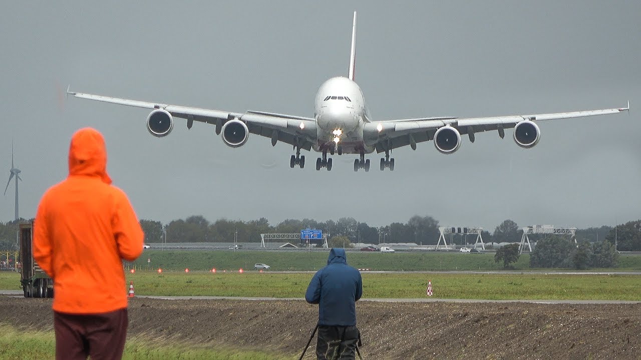 CROSSWIND LANDINGS during a STORM at AMSTERDAM - 2x AIRBUS A380, A330Neo ... (4K)