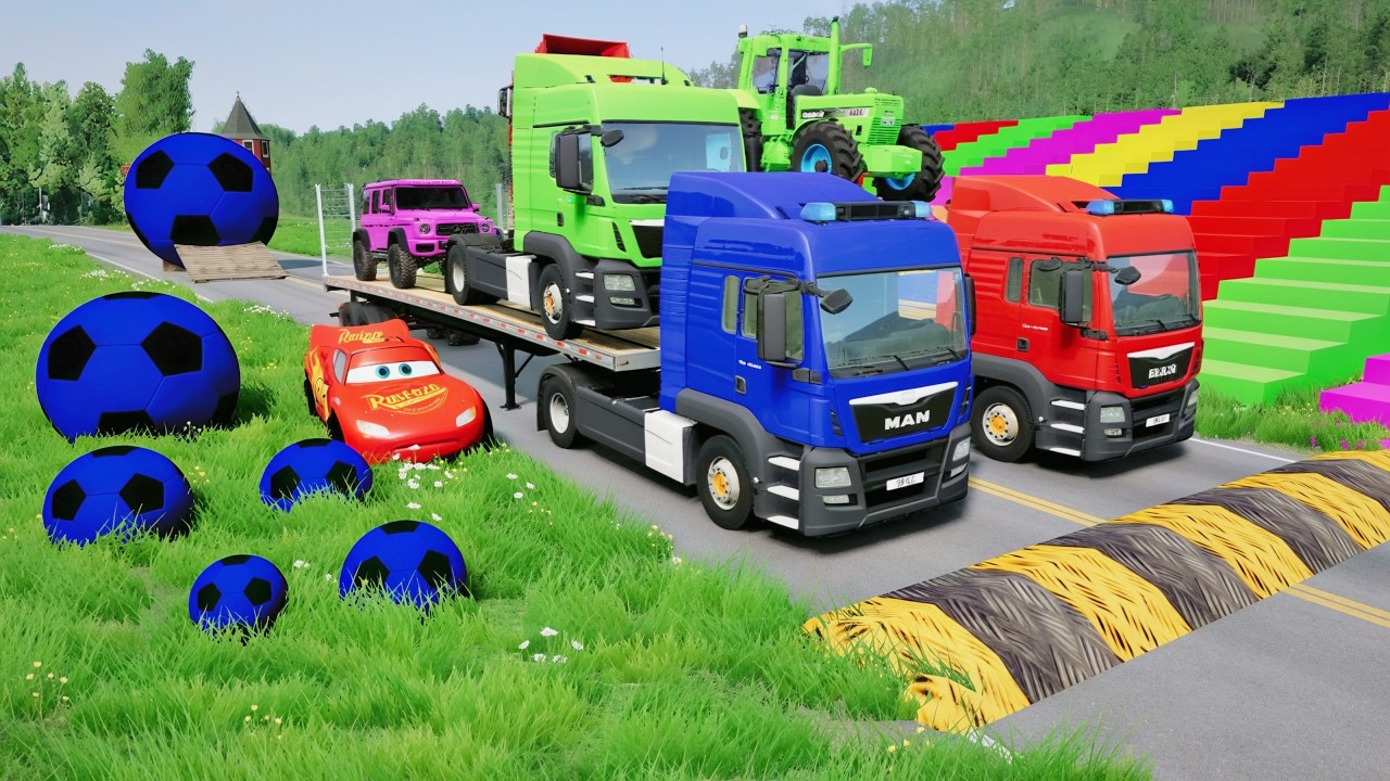 Four Flatbed Trailer McQueen Transportation with Truck - Speedbumps vs Cars vs Train - BeamNG 10🚘