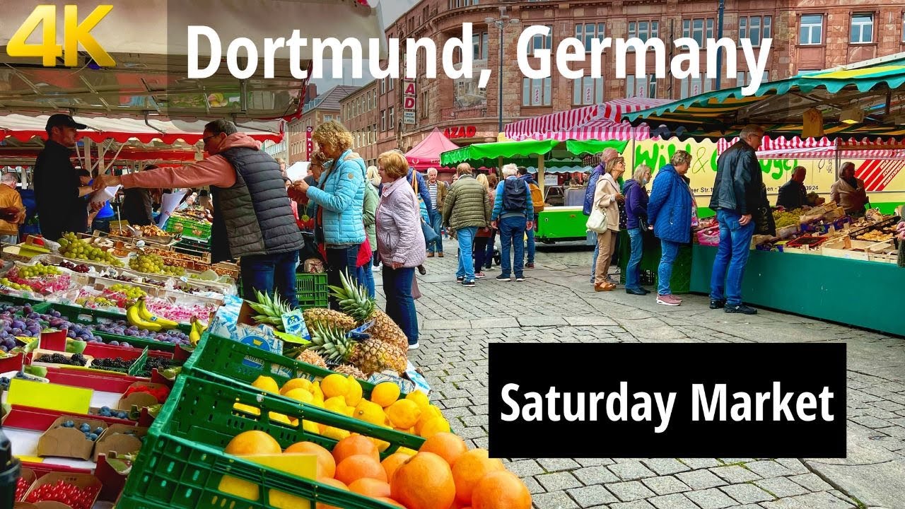 Walking tour in Dortmund Saturday market, Germany 4K