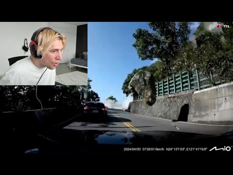 xQc reacts to Car Getting Crushed by Rock in Taiwan Earthquake