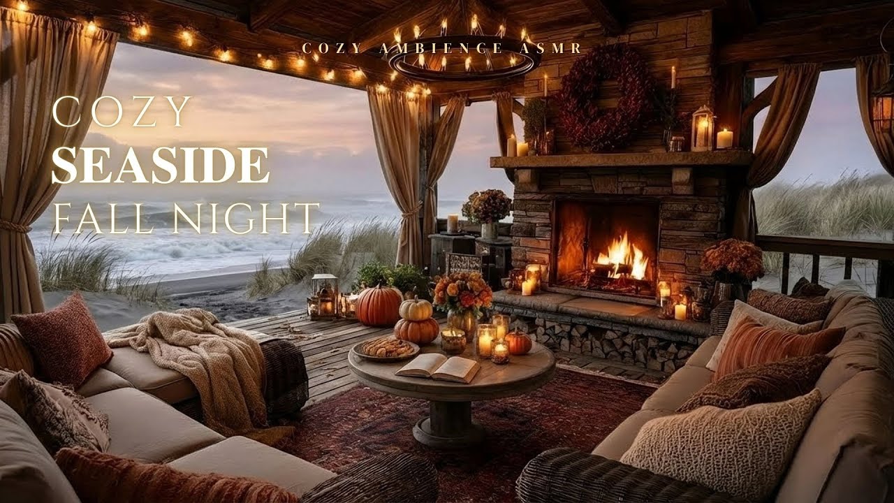 Cozy Seaside Fall Night 🔥 Warm Fireplace & Ocean Waves for Deep Sleep & Calm