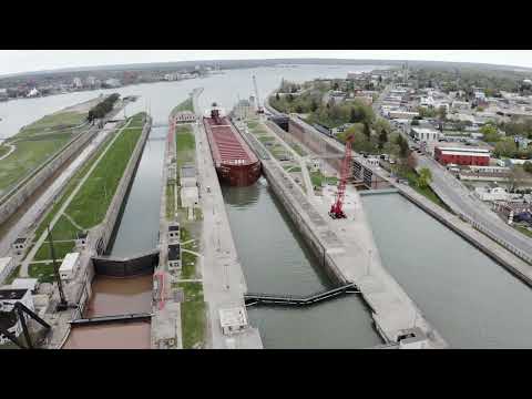 1,000-foot freighter James R. Barker passes through the Soo Locks into Lake Superior
