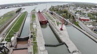 1,000-foot freighter James R. Barker passes through the Soo Locks into Lake Superior