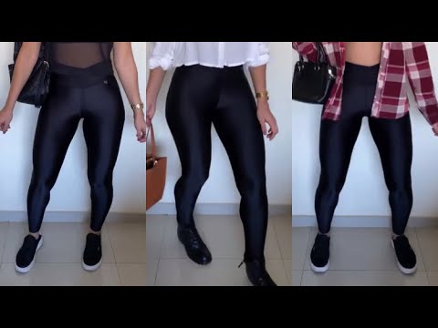 Black Shiny Spandex Leggings Trying On Haul | Spandex Wear Vids