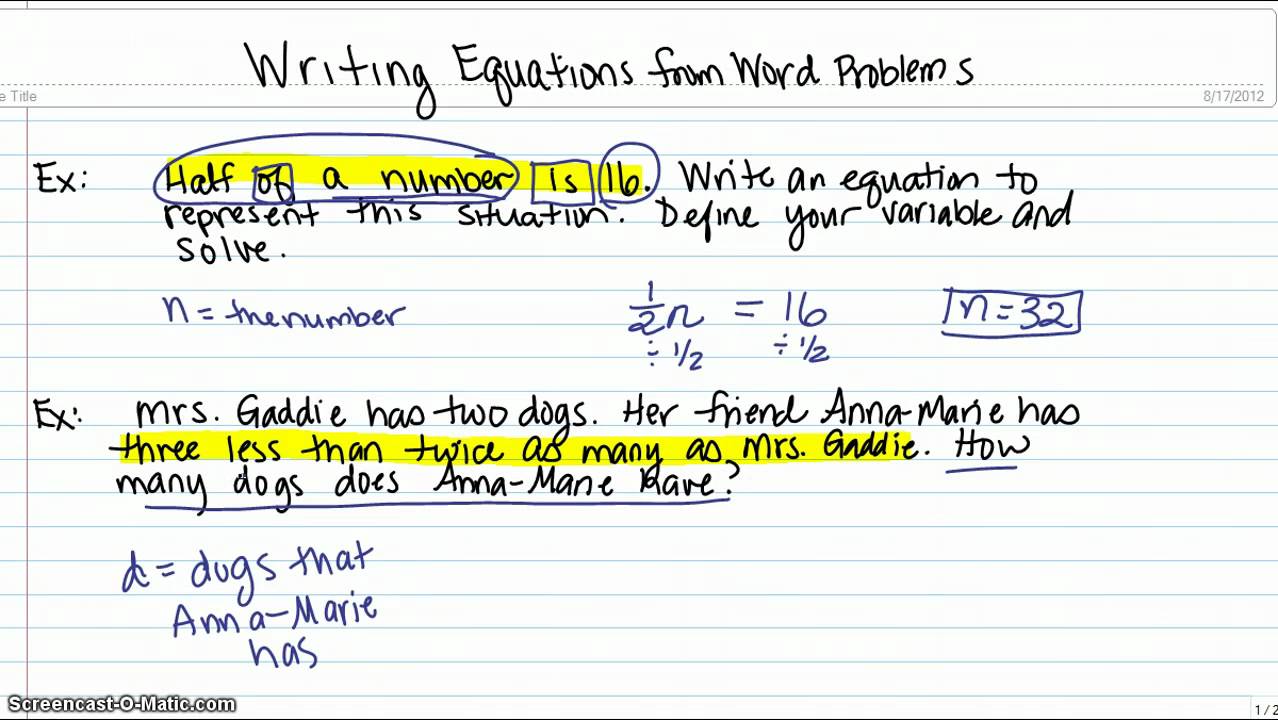 Writing Equations from Word Problems