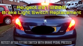 Changing Peugeot 207 (2008) Brake Light Switch, showing location and switch disassembly.
