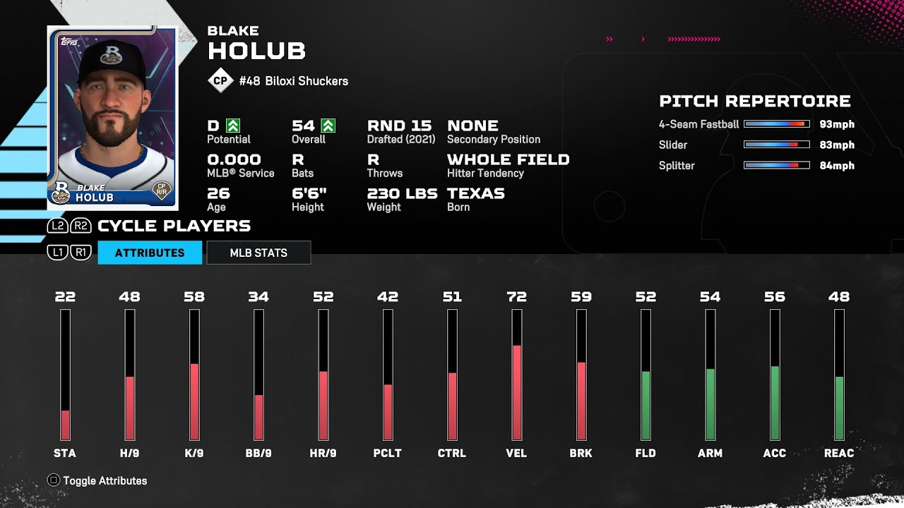 【MLBTheShow25Stats/メジャーリーグ選手能力】Brewers2A 48 Blake Holub MIL2A ブレイク・ホルブ選手