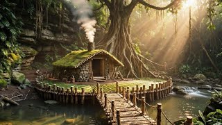 Build Secret Off-Grid House in the Side of a River | Jungle Survival House With Bridge 