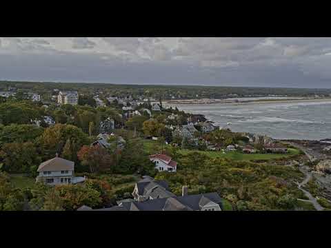 Drone aerial video of Marginal Way oceanfront walking path in Ogunquit, Maine.