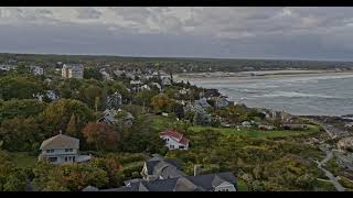 Drone aerial video of Marginal Way oceanfront walking path in Ogunquit, Maine.