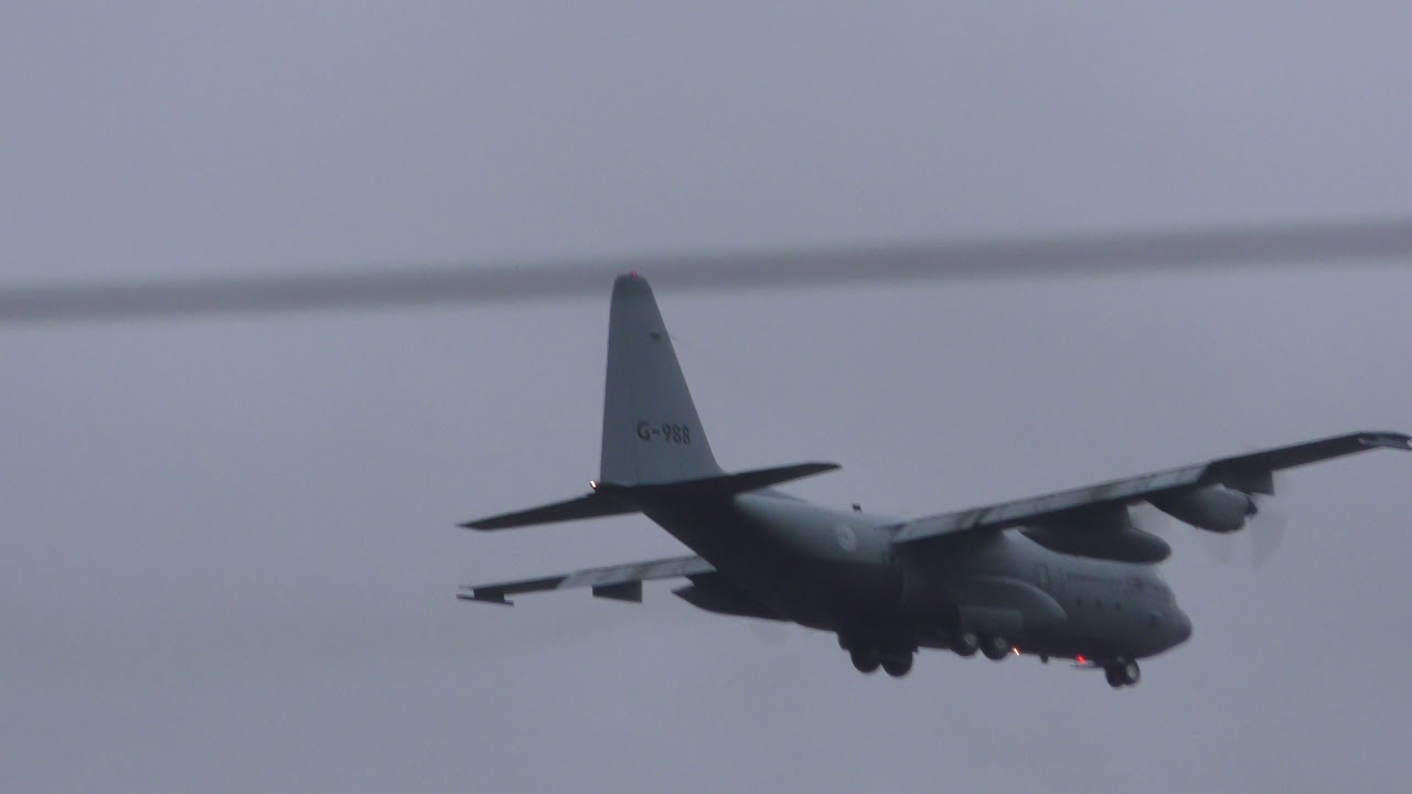 airshow schedule share G 988 Royal Netherlands Air Force Lockheed C 130H Hercules lands after test Cambridge UK 14oct