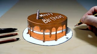 How to draw 3D Birthday Cake Trick Art on Paper Optical Illusion