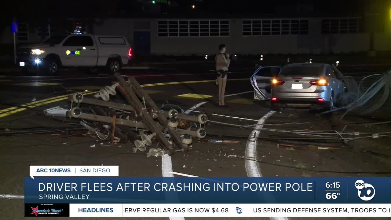 Car takes down power pole in Spring Valley, drier flees scene - YouTube