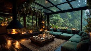 Peaceful Rainy Day at Cozy Forest Cabin with Soft Jazz, Rain on Window &amp; Fireplace Sounds to Unwind