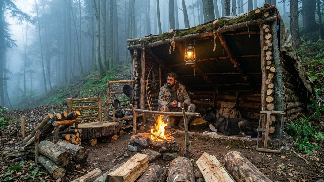 Building a Cozy Dugout. Survival with My Dog. Bushcraft Shelter ...