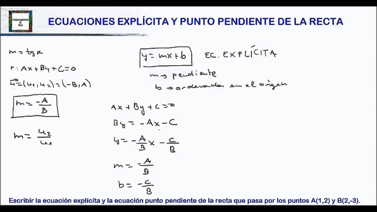 Ecuaciones Explicita Y Punto Pendiente De La Recta Hd Youtube