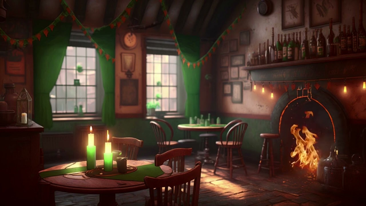ST PATRICKS DAY AMBIENCE - Irish Pub on a Rainy Day - Fireplace, Thunderstorm, Crowd & Irish Music