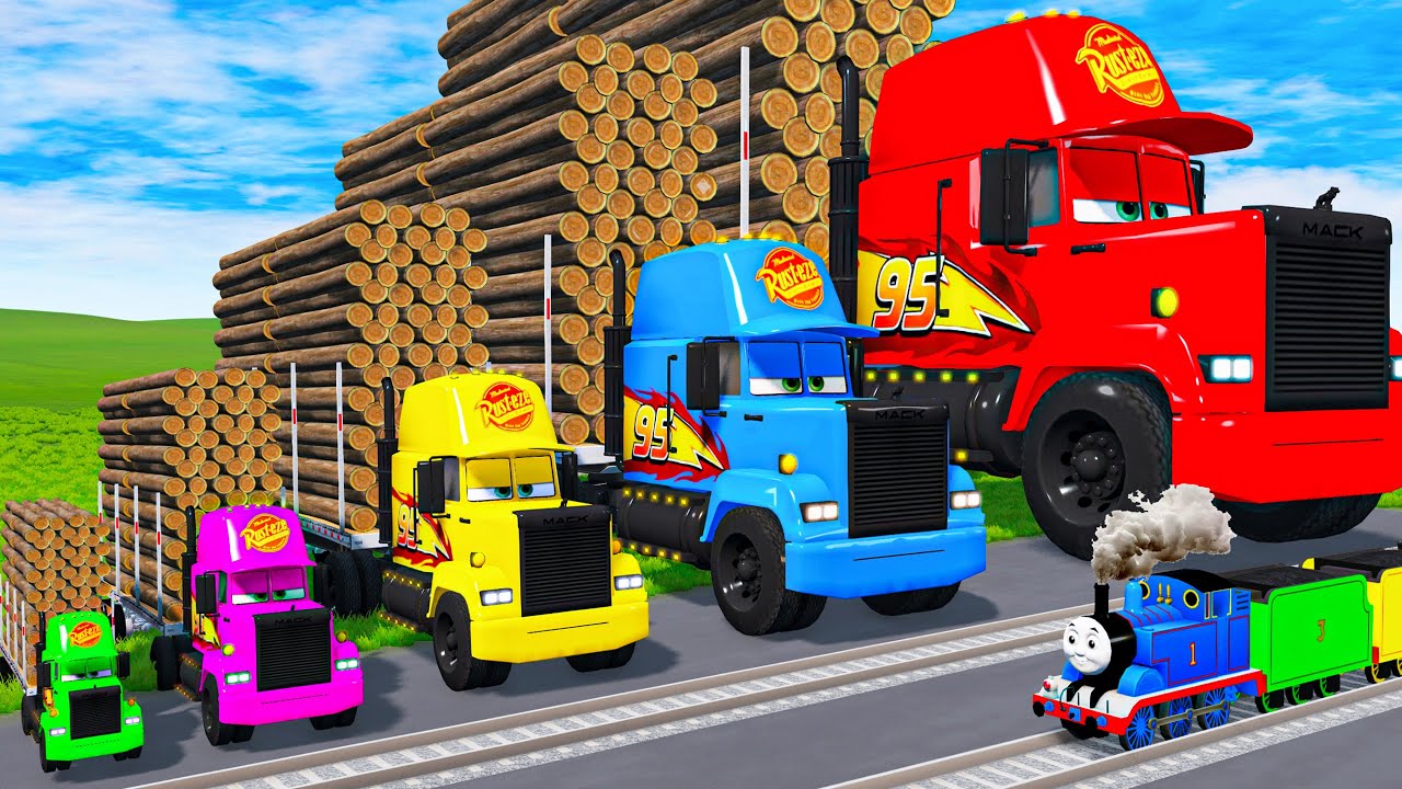 Big & Small Long Mack Truck with Logs vs Trains Thomas | BeamNG.Drive