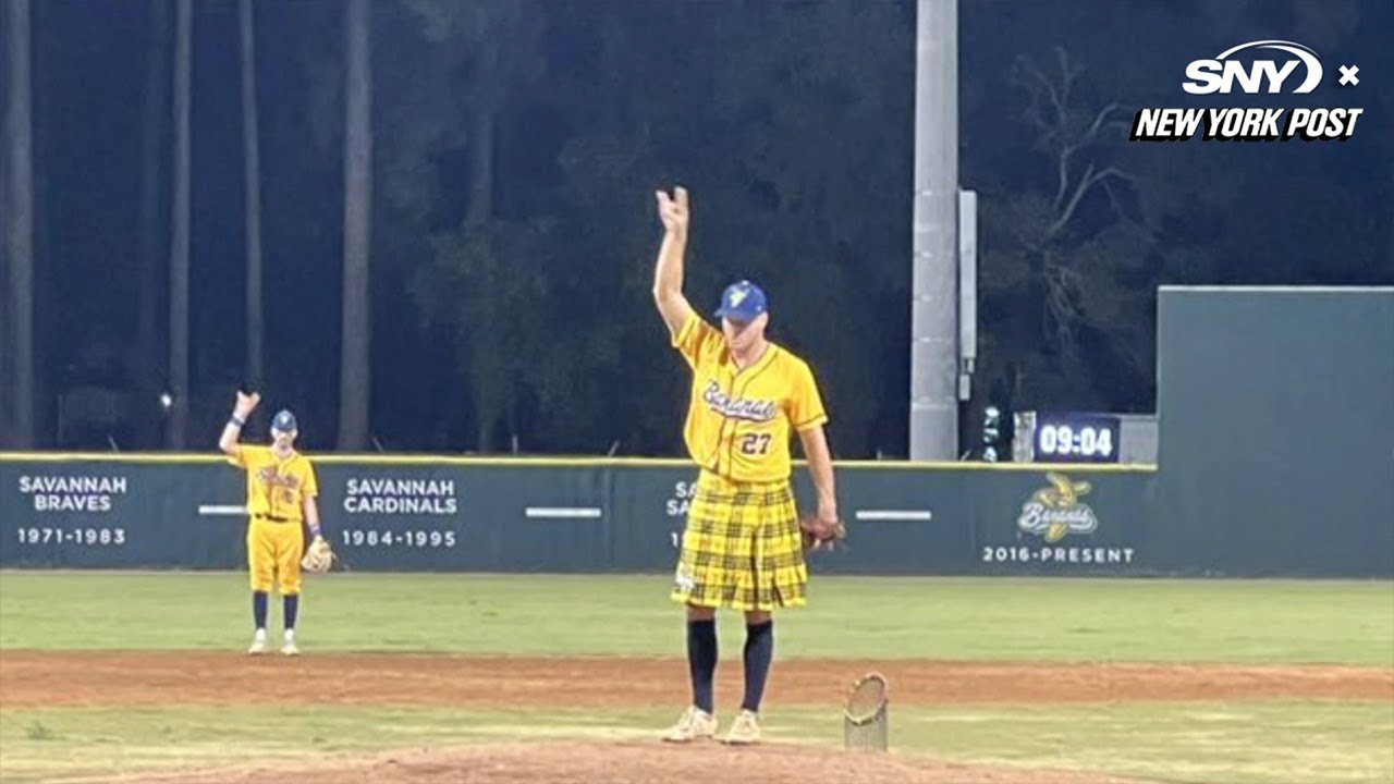 Jonathan Papelbon wearing a kilt pitches for the Savannah Bananas