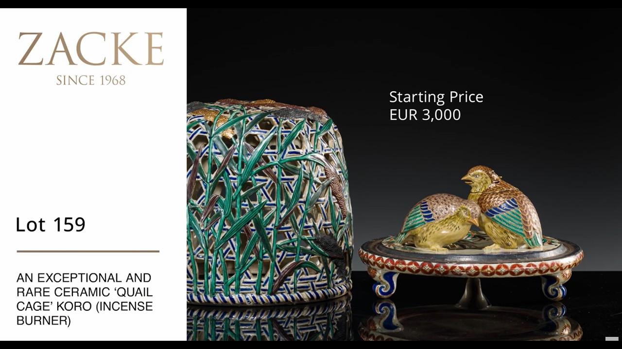 置物 kuu Lot 159: AN EXCEPTIONAL AND RARE CERAMIC 'QUAIL CAGE' KORO