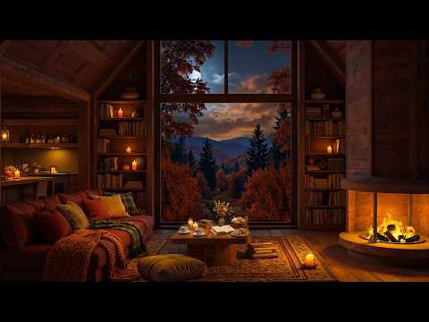 Relaxing Autumn Night in Cozy Reading Nook | Soft Piano Jazz & Crackling Fireplace to Unwind