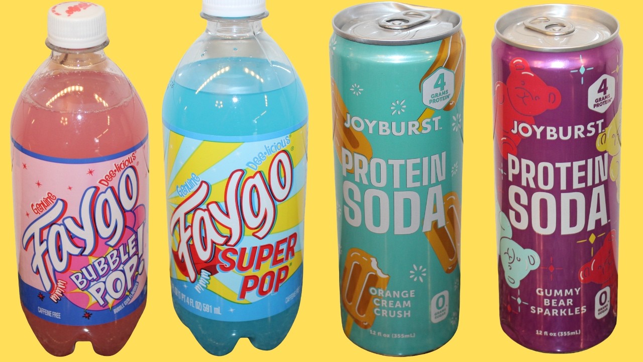 Faygo: Bubble Pop & Super Pop and Joyburst Protein Soda: Orange Cream Crush & Gummy Bear Sparkles