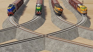 Four Trains vs Impossible Overlapping Rails Crossing Tracks - BeamNG.Drive