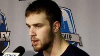 Riley Sheahan talks about Notre Dame's focus after losing two in the CCHA tournament, Mar  19, 2011