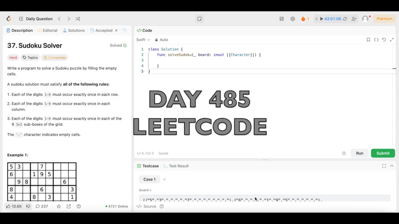 Day 485: LeetCode Problem 37. Sudoku Solver - Swift - YouTube