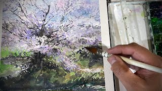 【水彩画】作者、題名とも不明 282/【不透明の上手い使い方】桜。池とともに。 - YouTube
