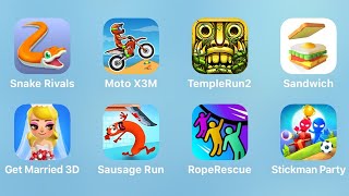 Snake Rivals, Moto X3M, Temple Run 2, Sandwich, Get Married 3D, Run Sausage Run, Rope Rescue screenshot 5