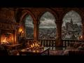 Rain Over a Medieval Town | Cozy Castle Fireplace for Sleep (8 Hours)