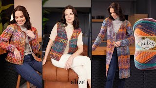 Жилет из Alize Superlana Maxi Batik & Alize Burcum Batik с техникой воздушные петли