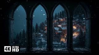 4K Harry potter Winter Window view, Christmas village Hogwarts Snow ambience projection, Study, work