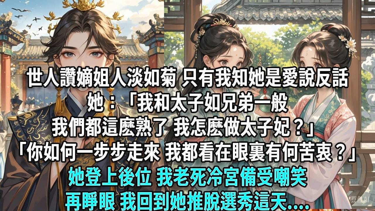 世人讚嫡姐人淡如菊，只有我知她是愛說反話。她：「我和太子如兄弟一般，我們都這麽熟了，我怎麽做太子妃？」她：「你如何一步步走來，我都看在眼裏，有何苦衷？」她憑藉僞裝的淡薄登上後位，我卻老死冷宮備受嘲笑